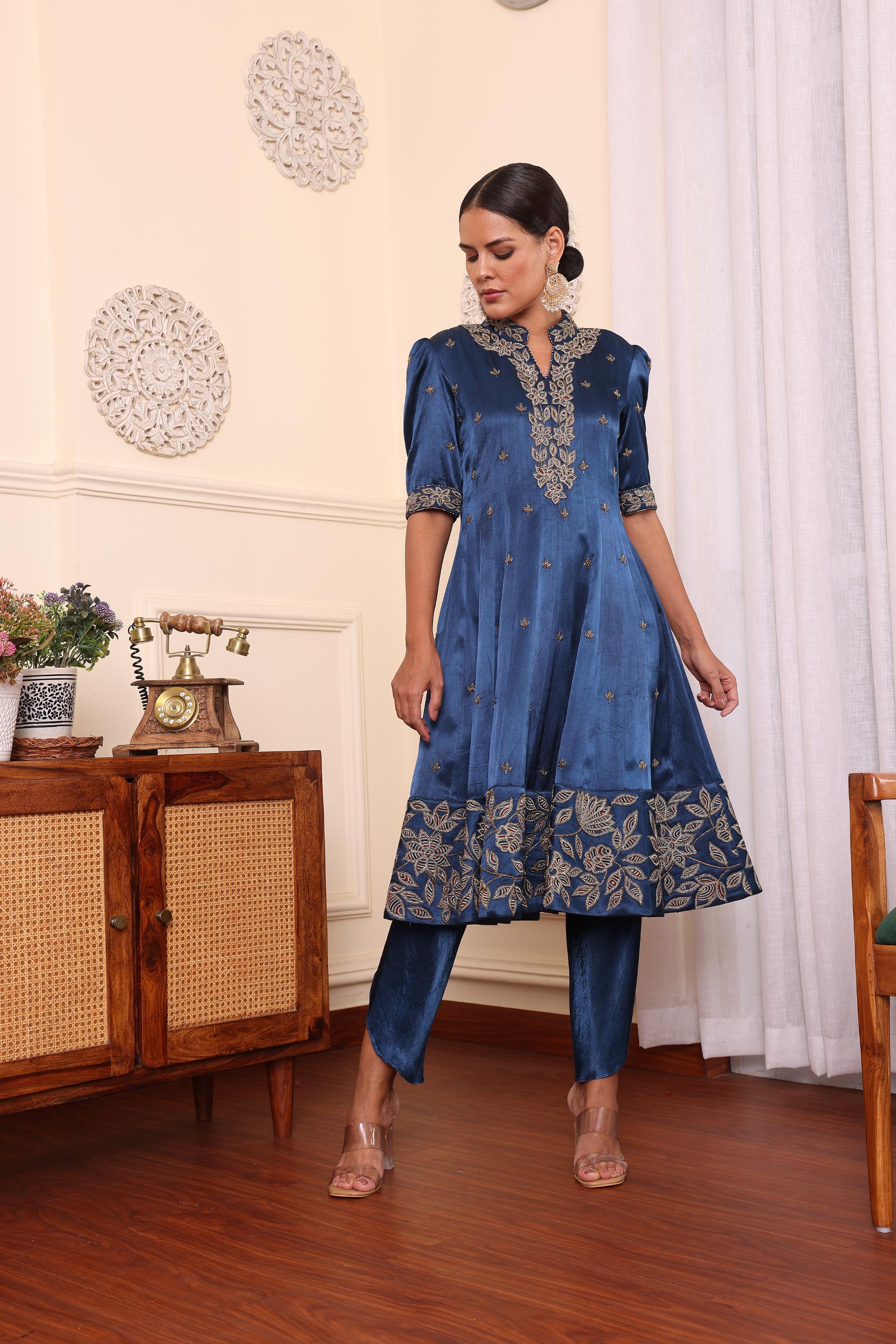 Cobalt Blue Patchwork Anarkali With Tulip pant and Dupatta