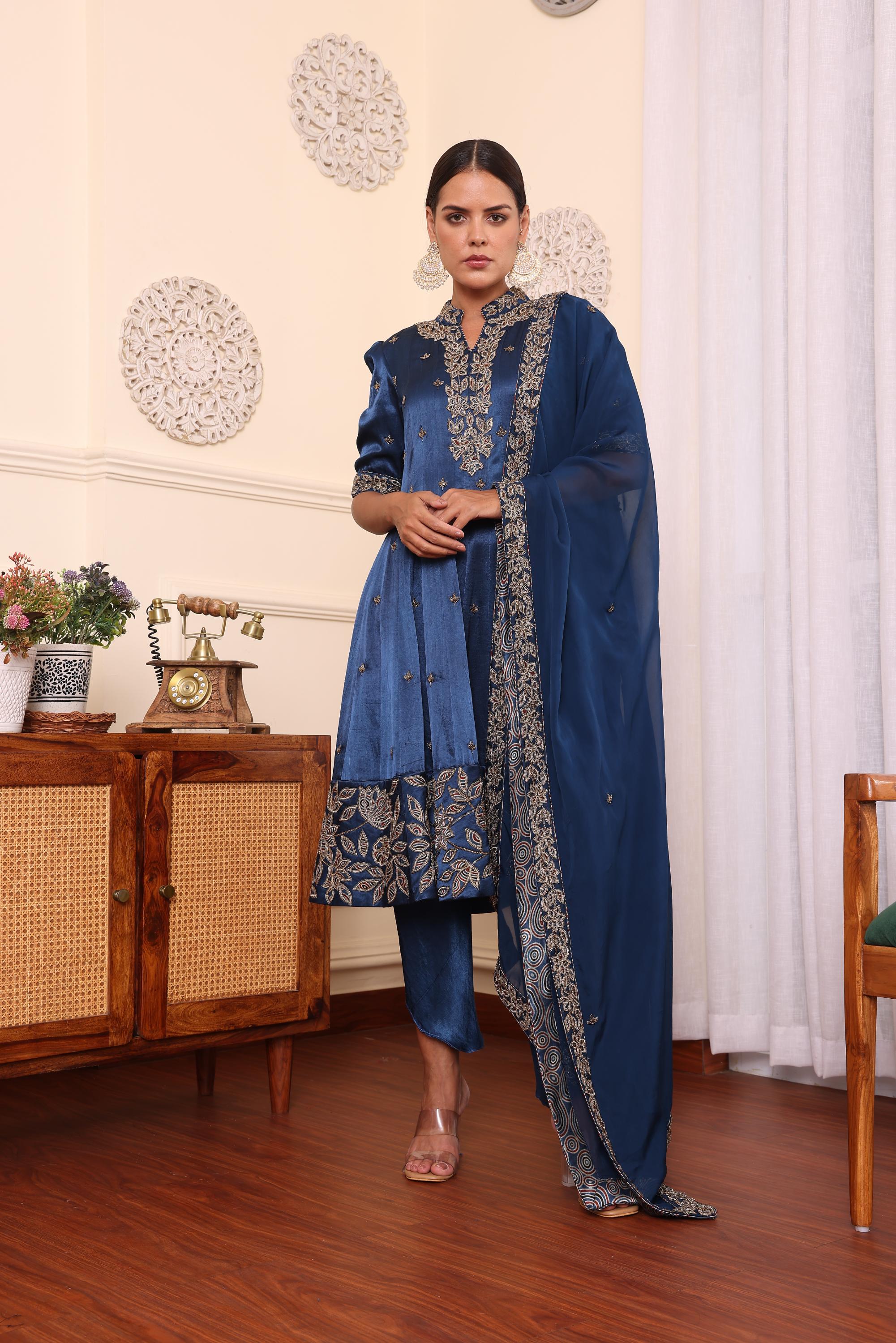 Cobalt Blue Patchwork Anarkali With Tulip pant and Dupatta