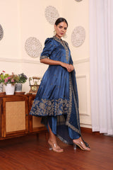 Cobalt Blue Patchwork Anarkali With Tulip pant and Dupatta