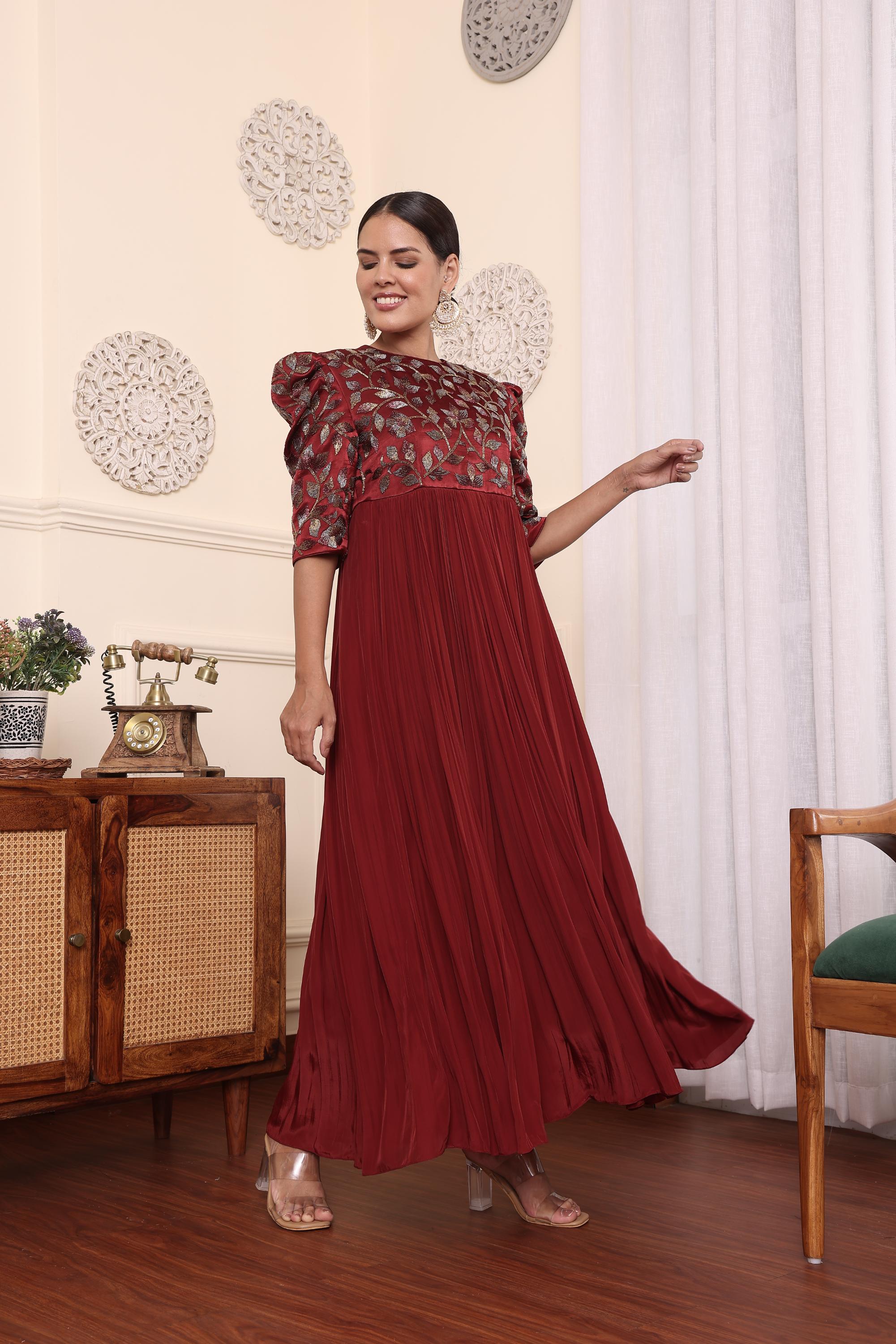 Maroon Embellished Gathered Dress With Pants