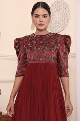 Maroon Embellished Gathered Dress With Pants