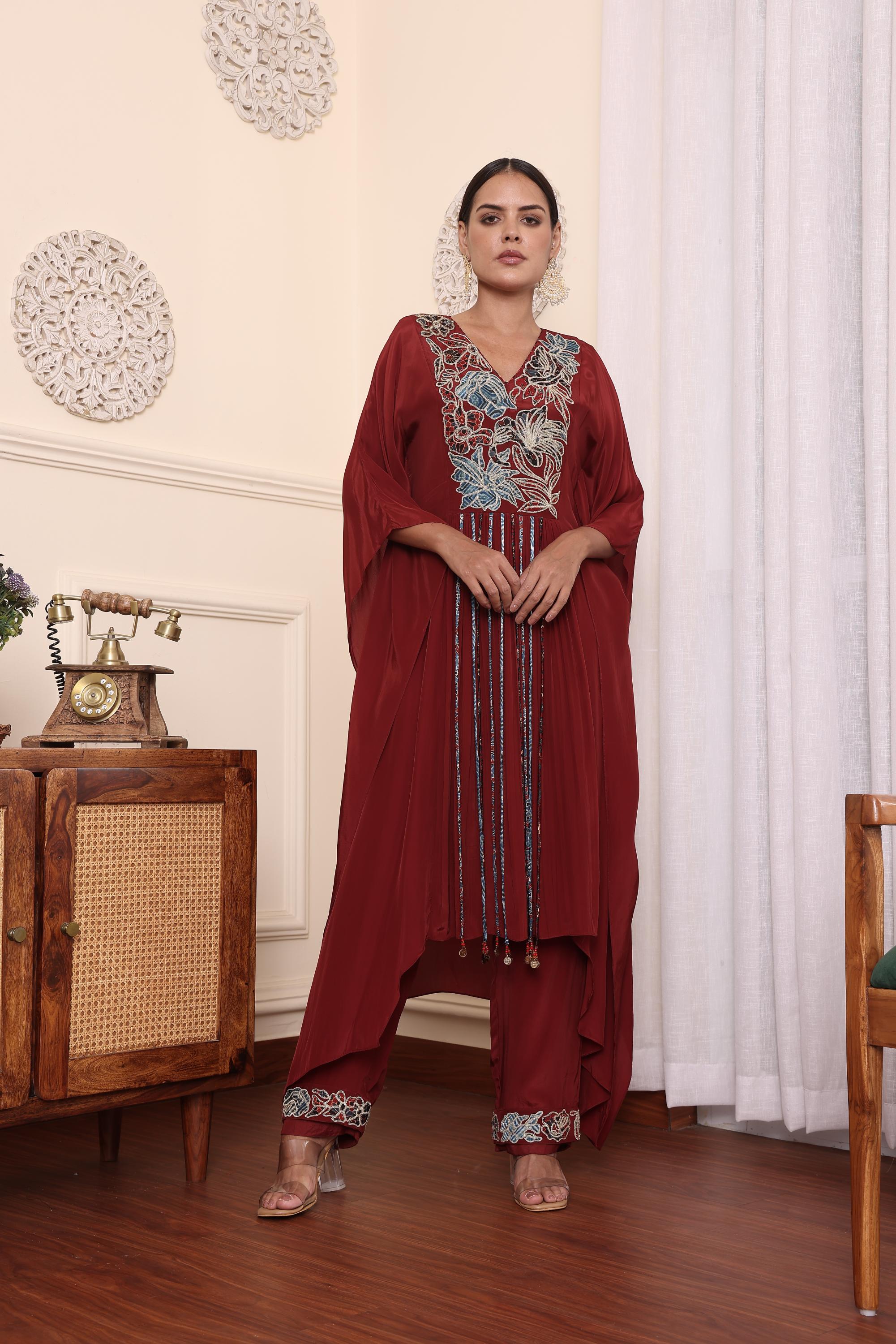 Maroon Patchwork Kaftan With Pants