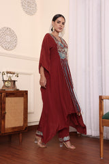 Maroon Patchwork Kaftan With Pants