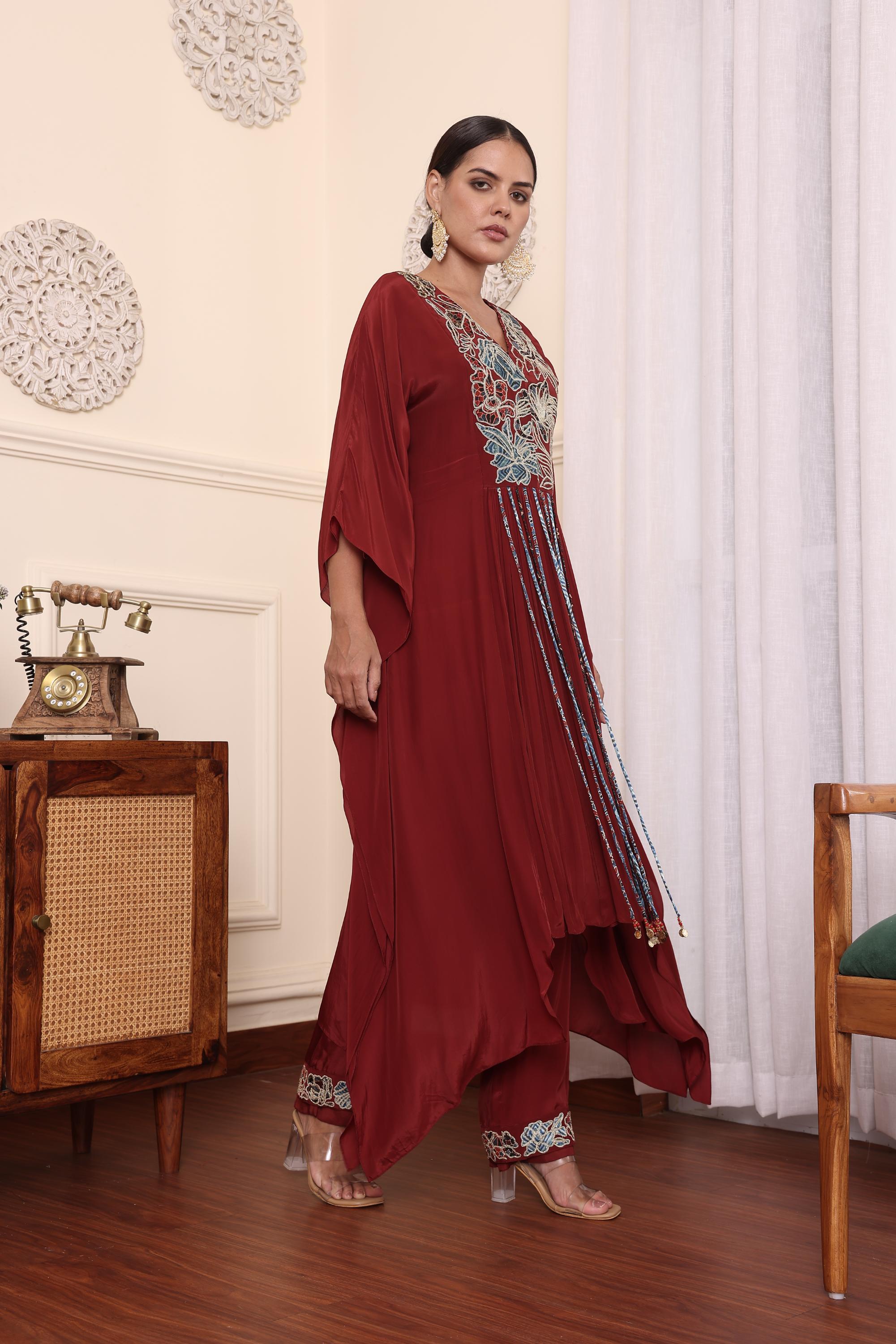 Maroon Patchwork Kaftan With Pants