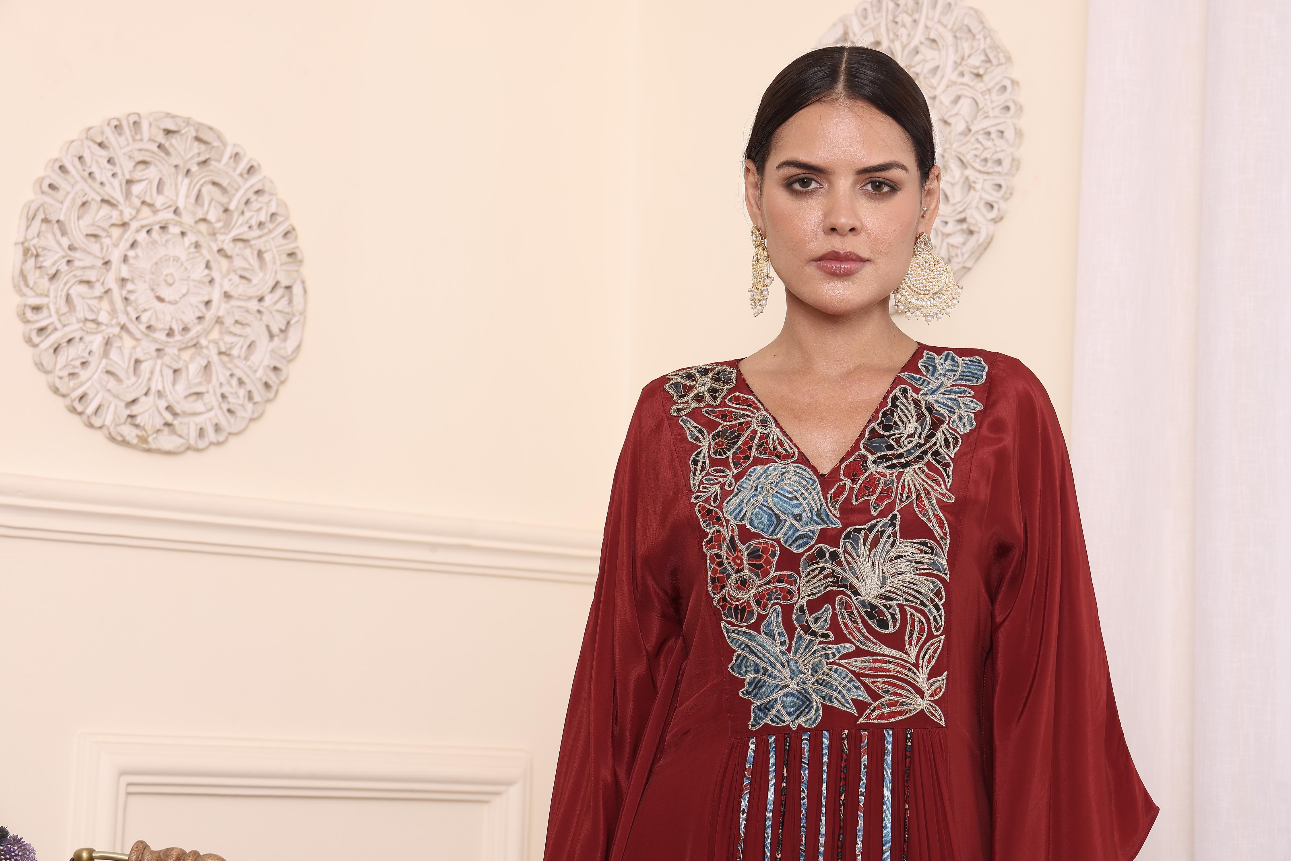 Maroon Patchwork Kaftan With Pants