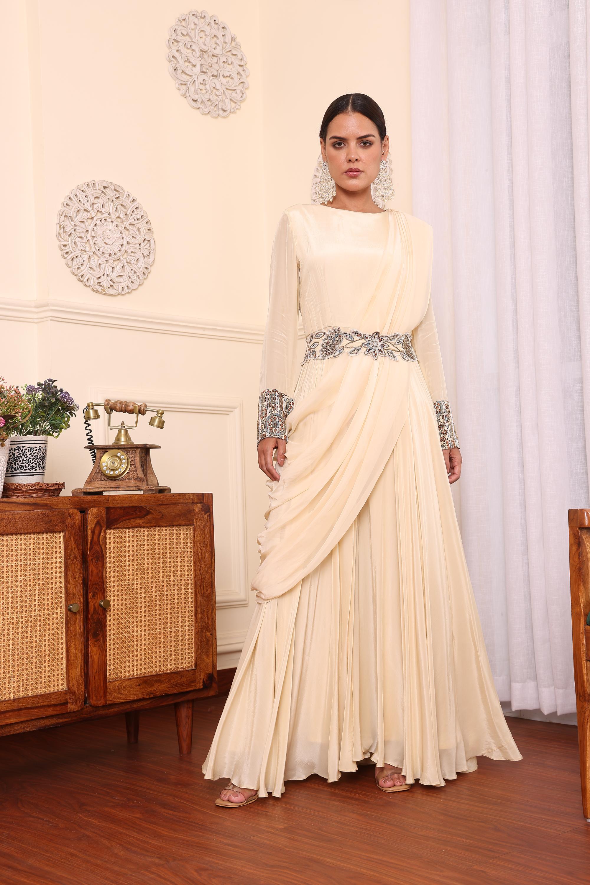 Biege Jumpsuit With Draped Dupatta