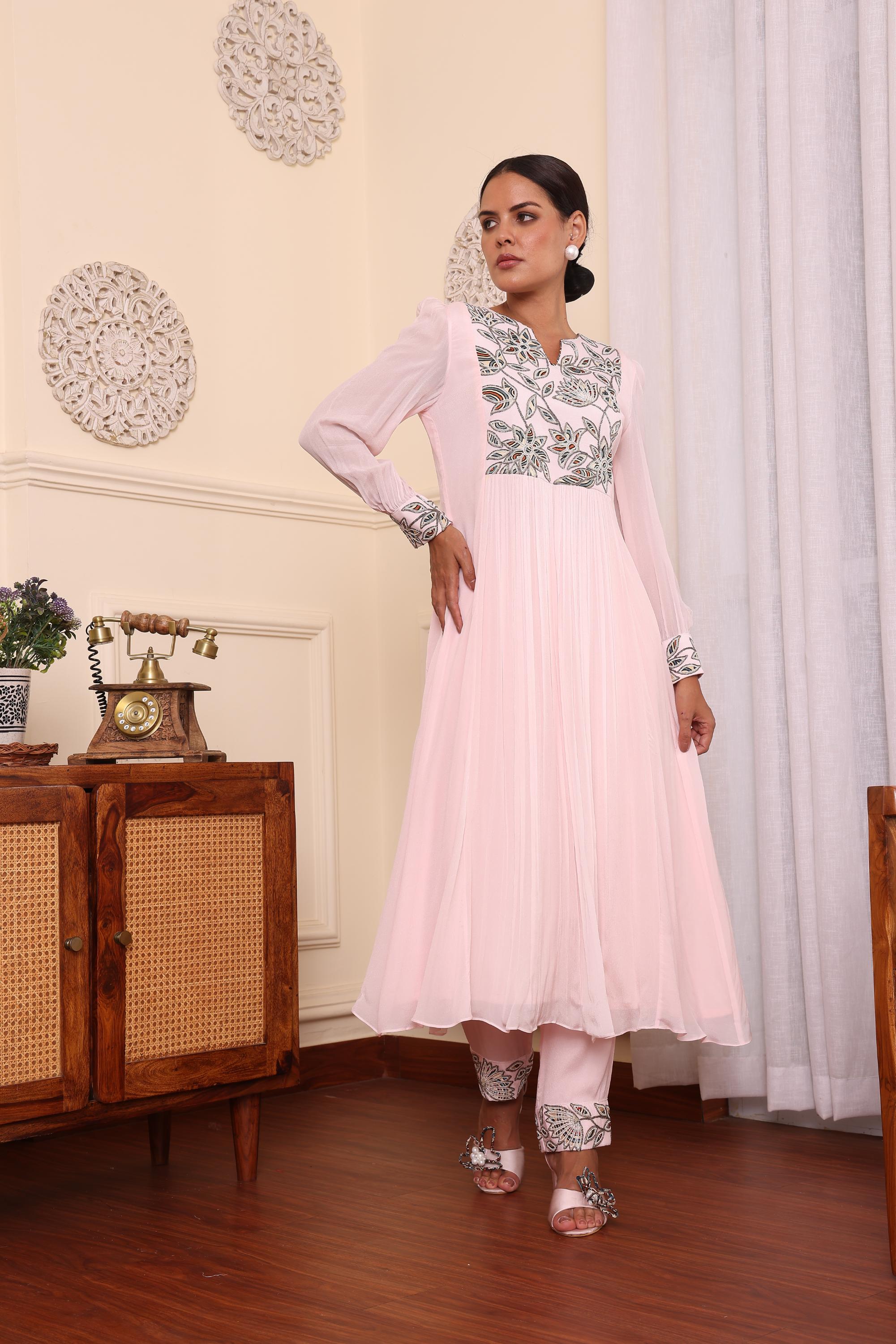 Powder Pink Pleated Dress With Pants