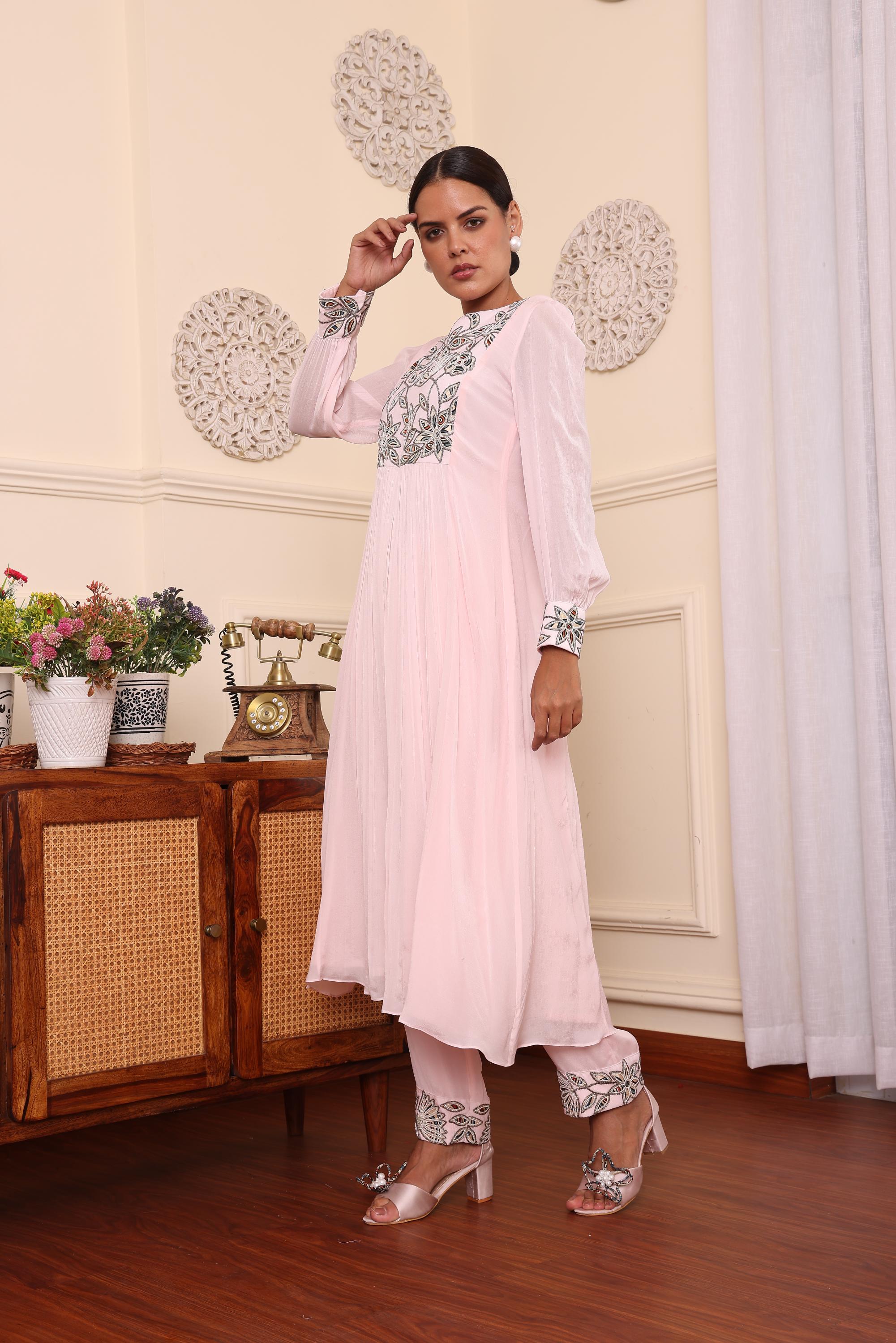 Powder Pink Pleated Dress With Pants