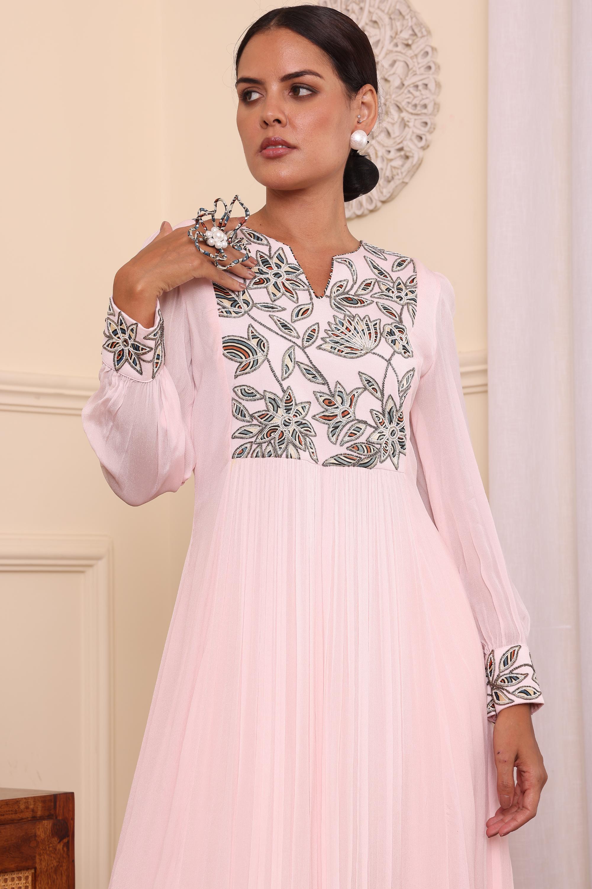 Powder Pink Pleated Dress With Pants