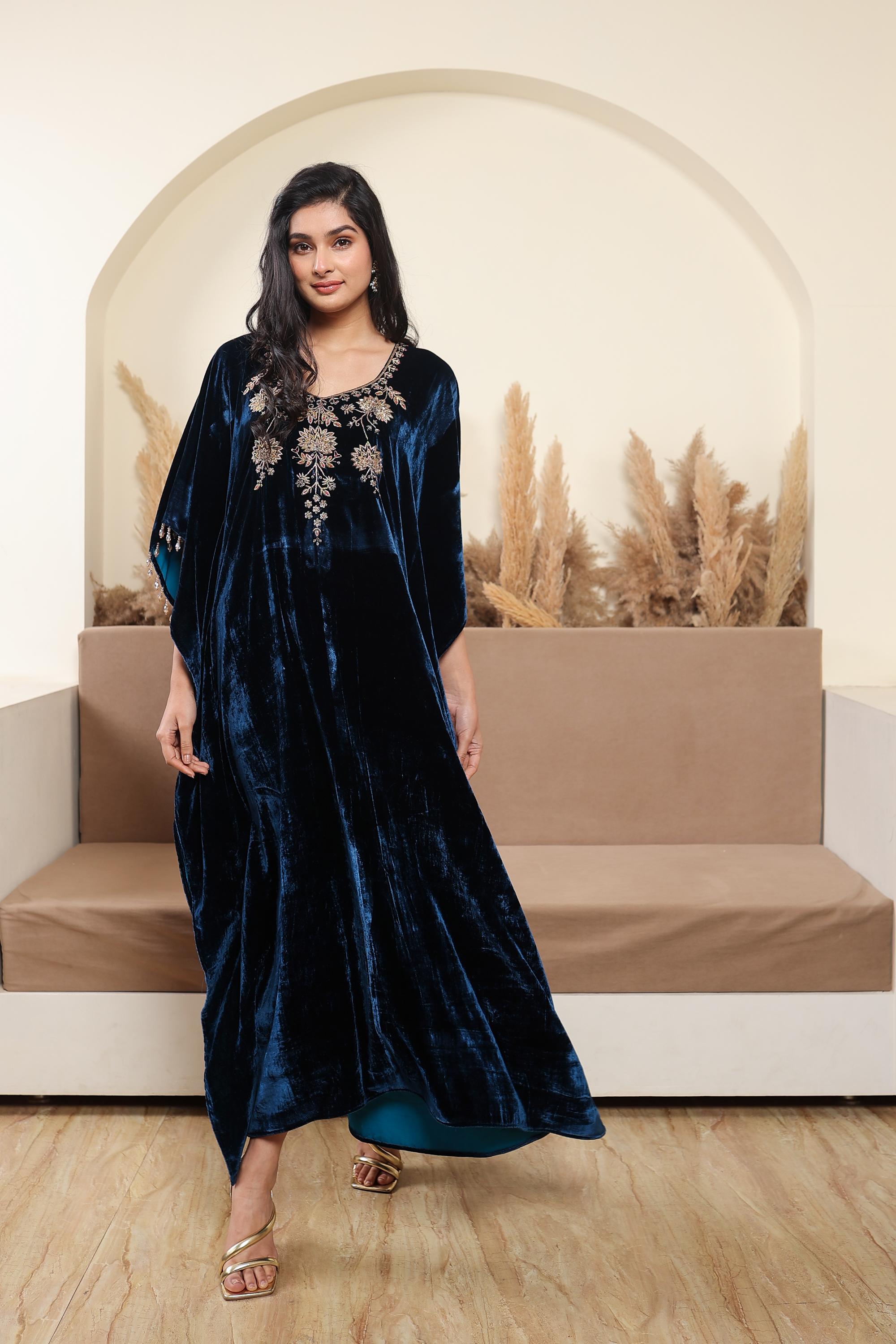 AFREEN : Blue Embroidered Kaftan