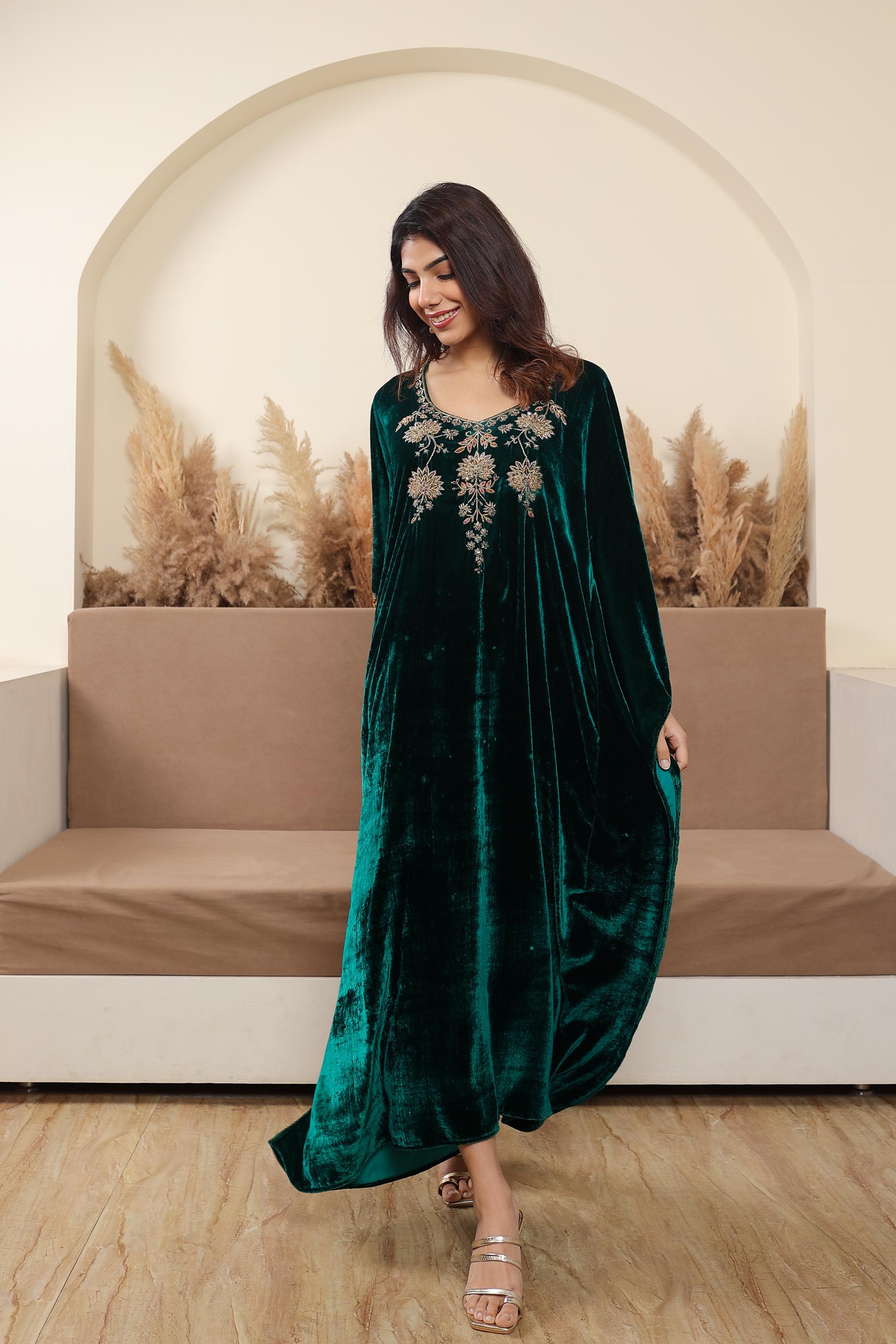 AFREEN:Green Embroidered Kaftaan