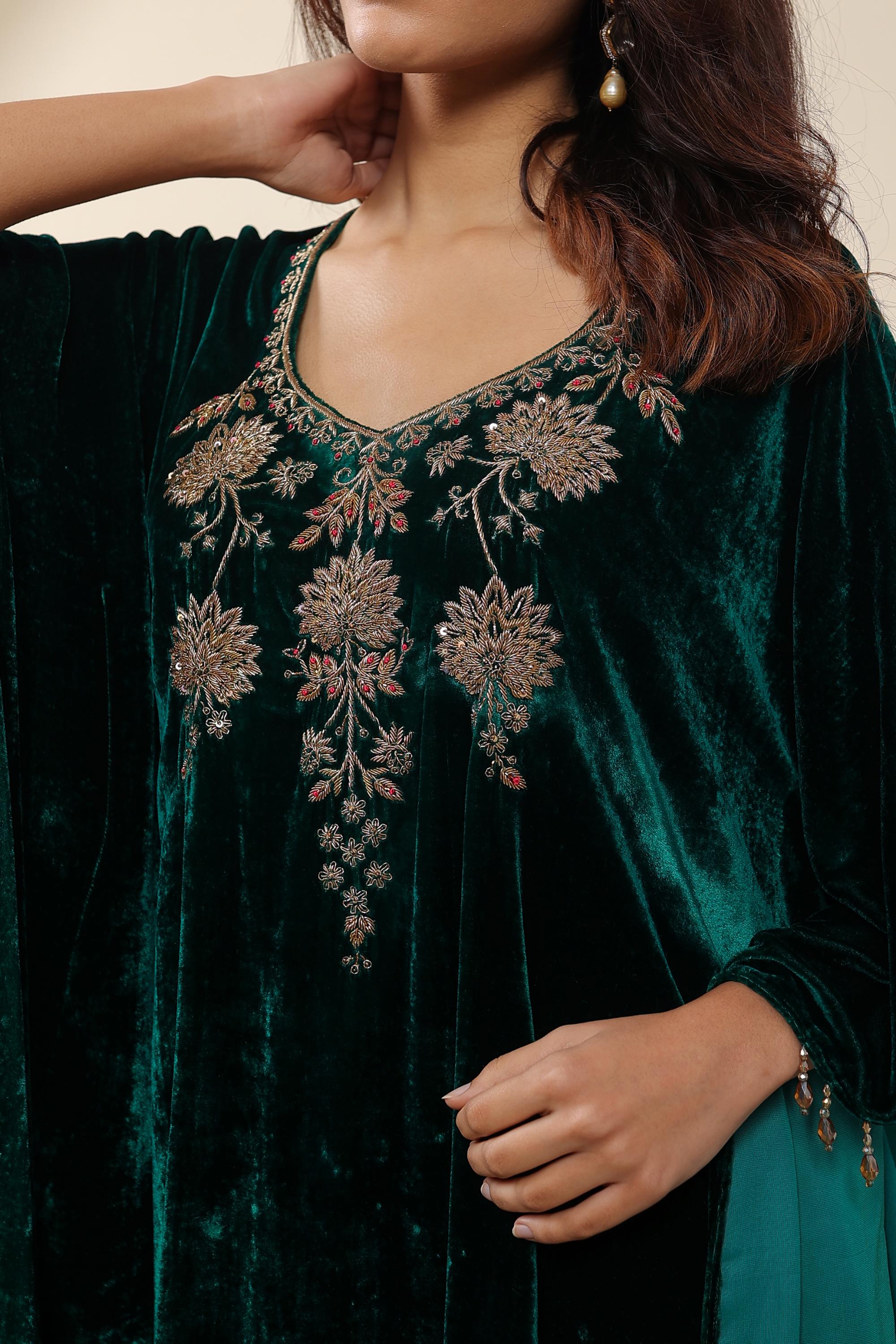 AFREEN:Green Embroidered Kaftaan