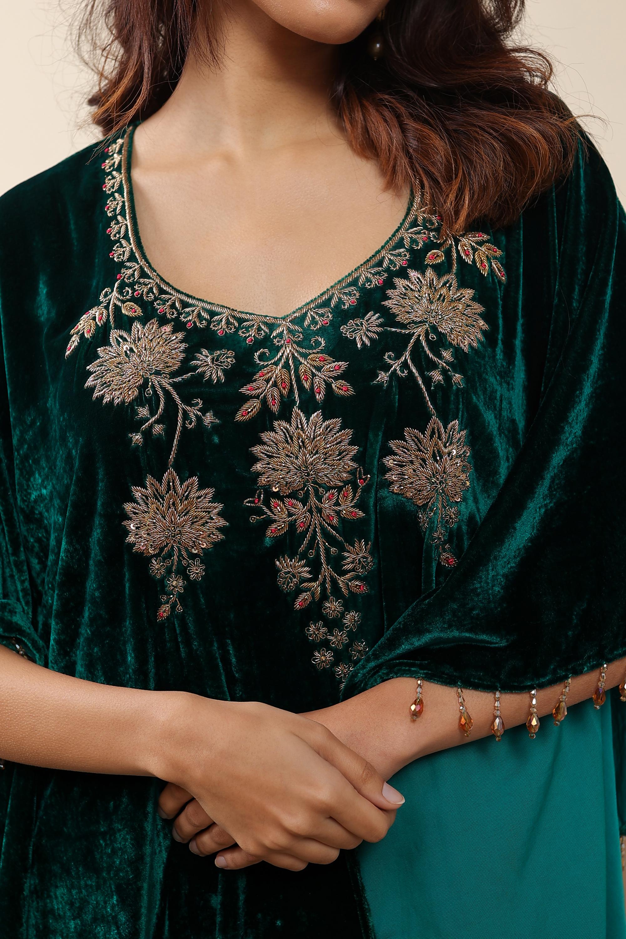 AFREEN:Green Embroidered Kaftaan