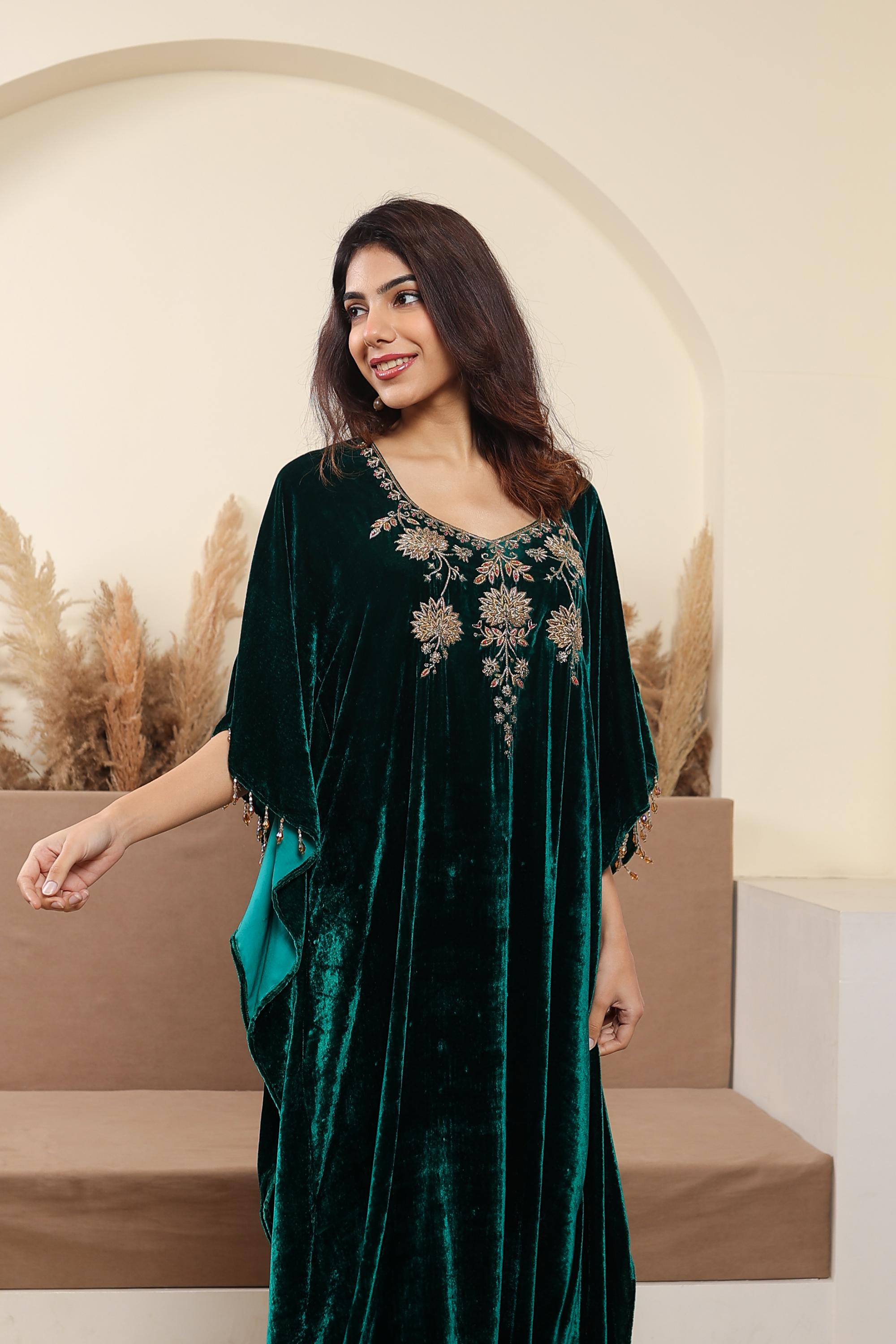 AFREEN:Green Embroidered Kaftaan