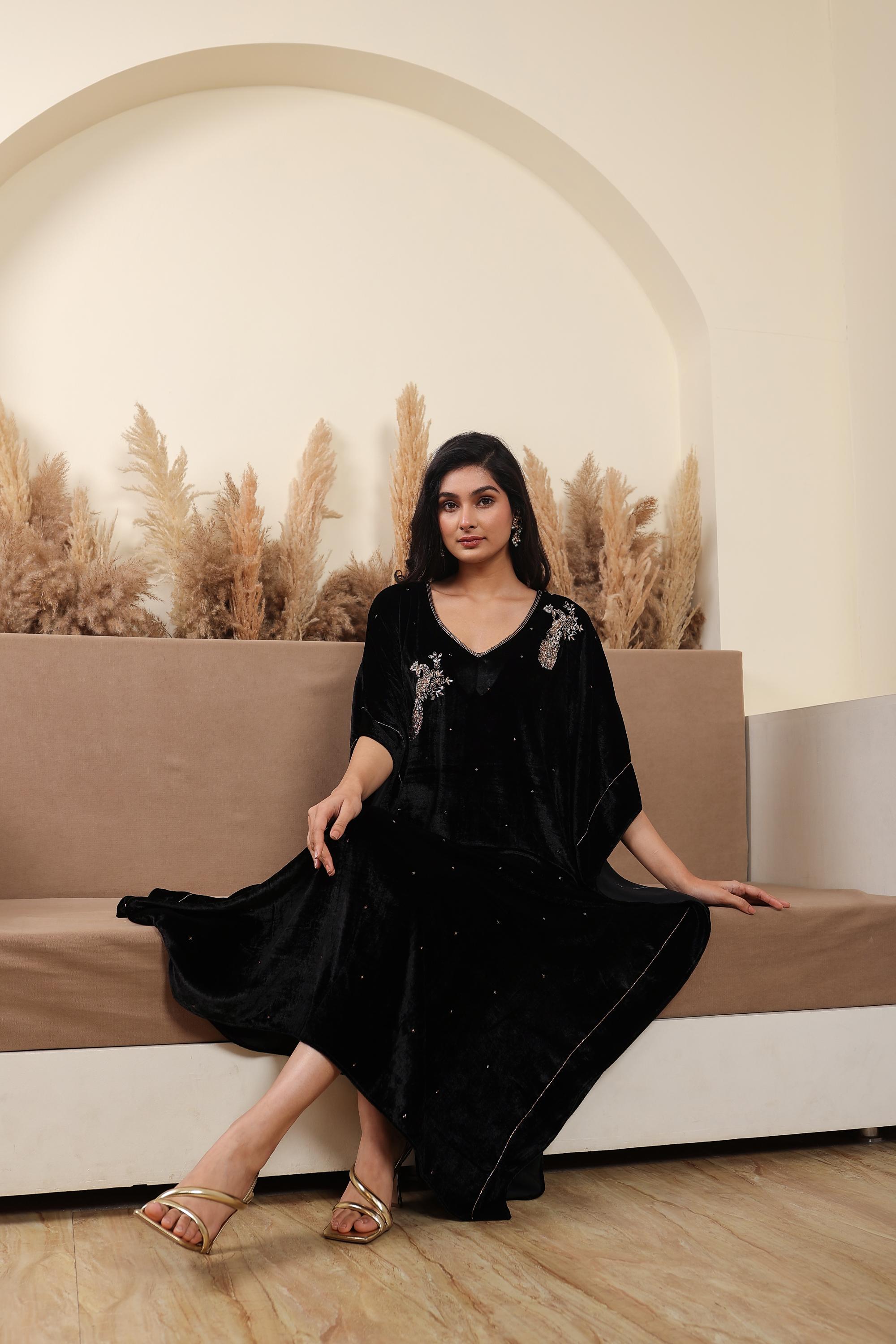 AFREEN: Black Embroidered Kaftan
