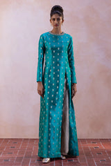 Raw Silk Buty Kurta Set with Silver Zari Tissue Flared Pants