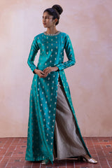 Raw Silk Buty Kurta Set with Silver Zari Tissue Flared Pants