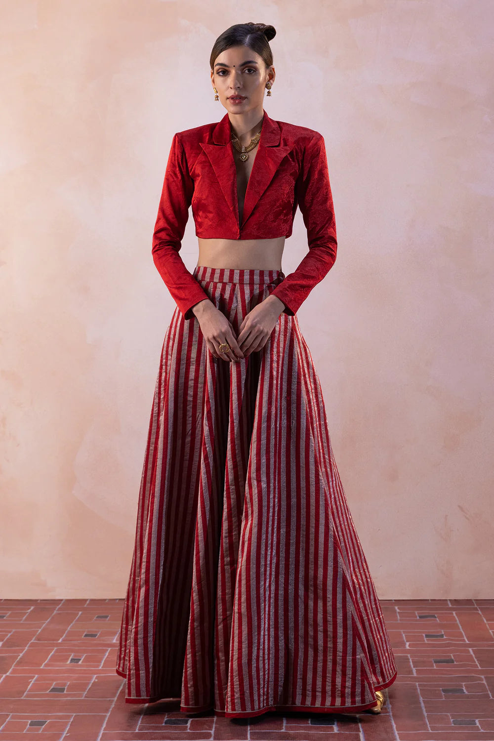 Zari Tissue Silver-Red Stripe Chevron Lehenga with Red Zari Blouse