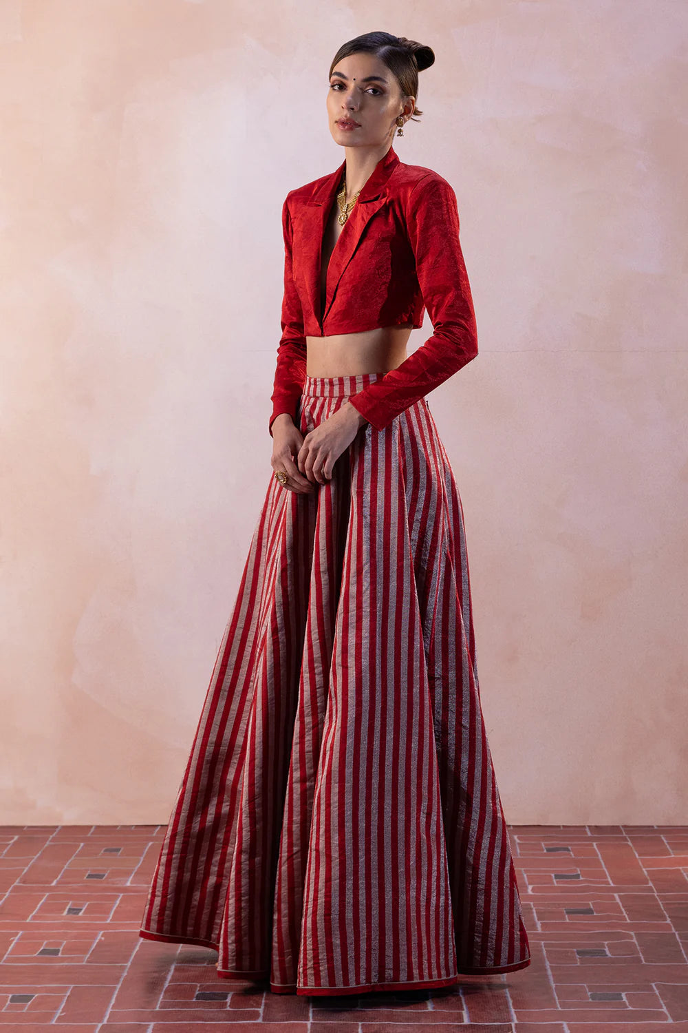 Zari Tissue Silver-Red Stripe Chevron Lehenga with Red Zari Blouse