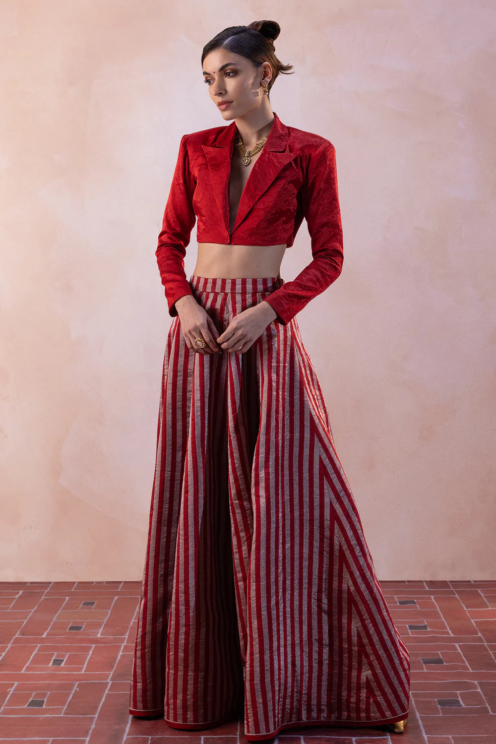 Zari Tissue Silver-Red Stripe Chevron Lehenga with Red Zari Blouse