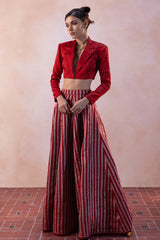 Zari Tissue Silver-Red Stripe Chevron Lehenga with Red Zari Blouse