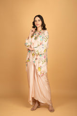 Nude Pink Printed Embroidered High Low Top W/Drape Skirt