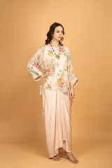 Nude Pink Printed Embroidered High Low Top W/Drape Skirt