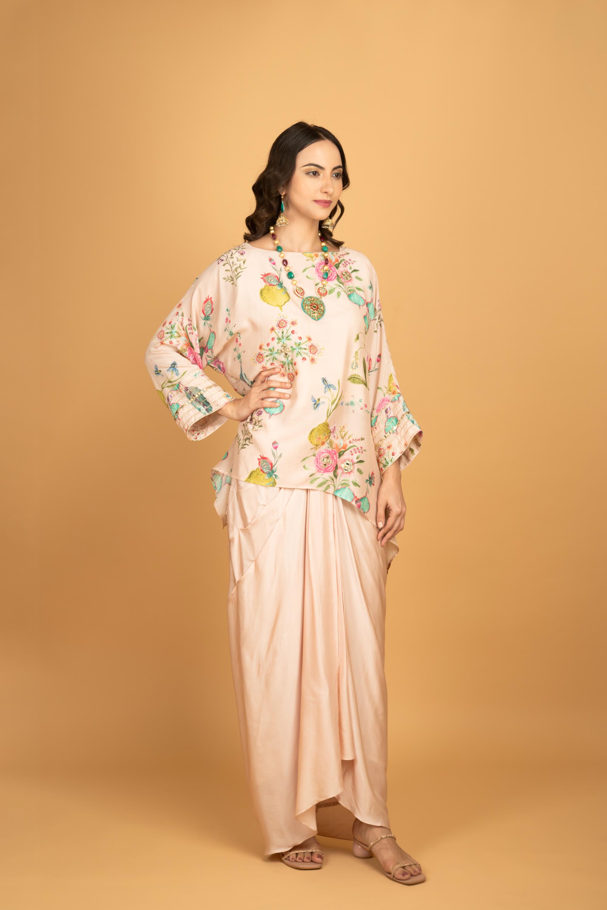 Nude Pink Printed Embroidered High Low Top W/Drape Skirt