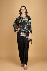 Black Printed Embroidered High Low Top W/Drape Skirt