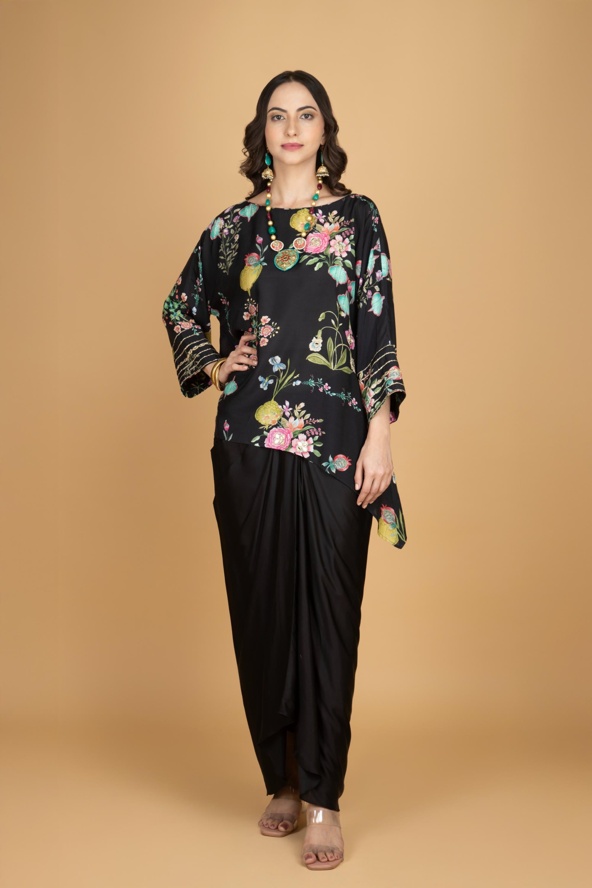 Black Printed Embroidered High Low Top W/Drape Skirt