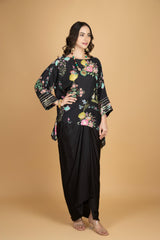 Black Printed Embroidered High Low Top W/Drape Skirt