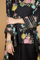 Black Printed Embroidered High Low Top W/Drape Skirt