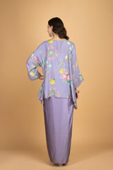 Purple Printed Embroidered High Low Top W/Drape Skirt