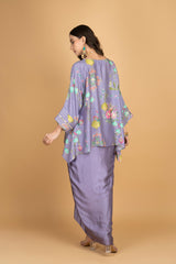 Purple Printed Embroidered High Low Top W/Drape Skirt