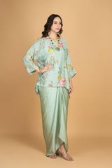 Green Printed Embroidered High Low Top W/Drape Skirt