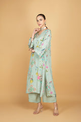 Green Floral Printed Sequin Embroidery Kurta with Pant & Dupatta Set