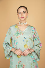 Green Floral Printed Sequin Embroidery Kurta with Pant & Dupatta Set