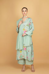 Green Floral Printed Sequin Embroidery Kurta with Pant & Dupatta Set