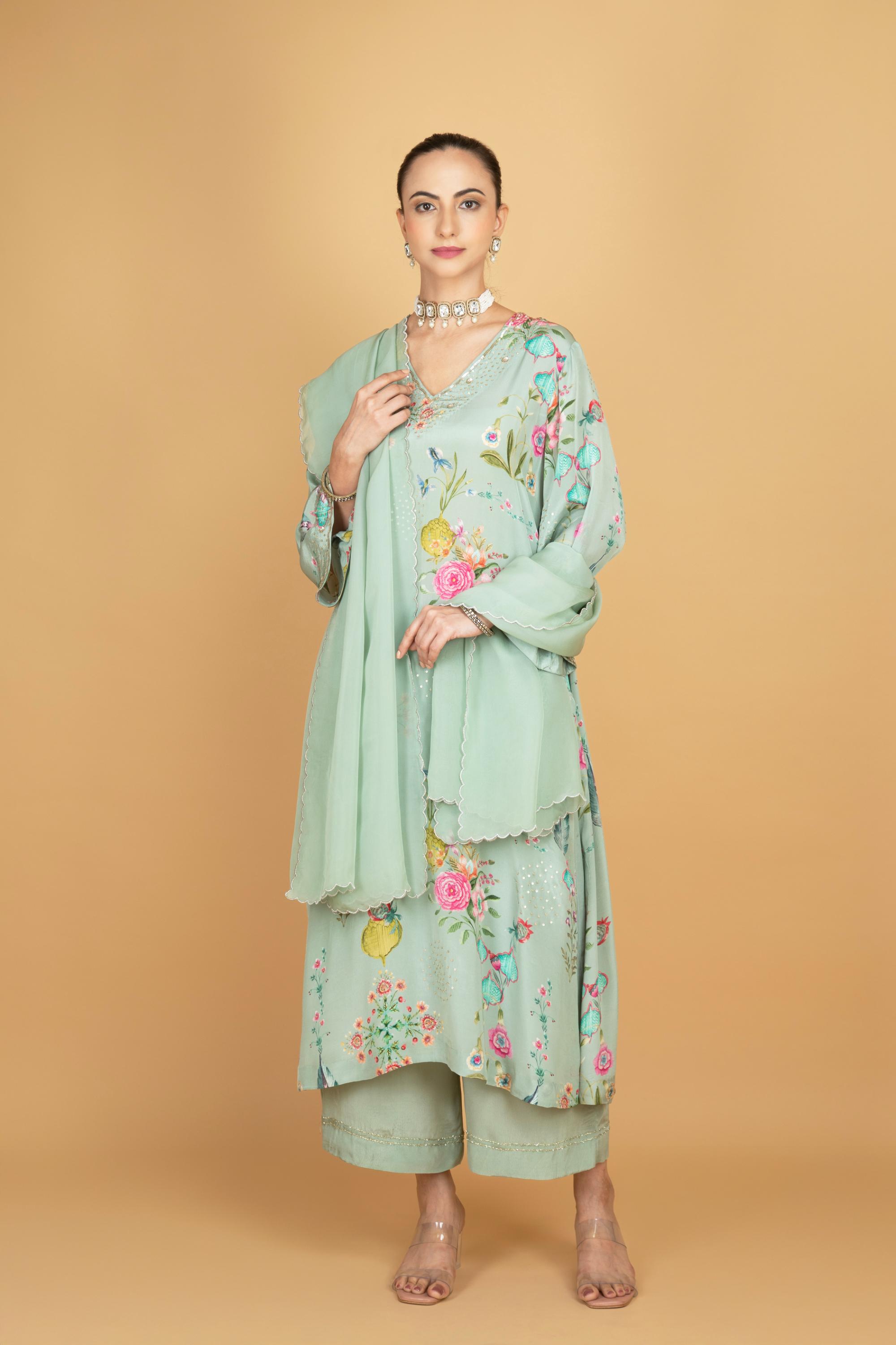 Green Floral Printed Sequin Embroidery Kurta with Pant & Dupatta Set