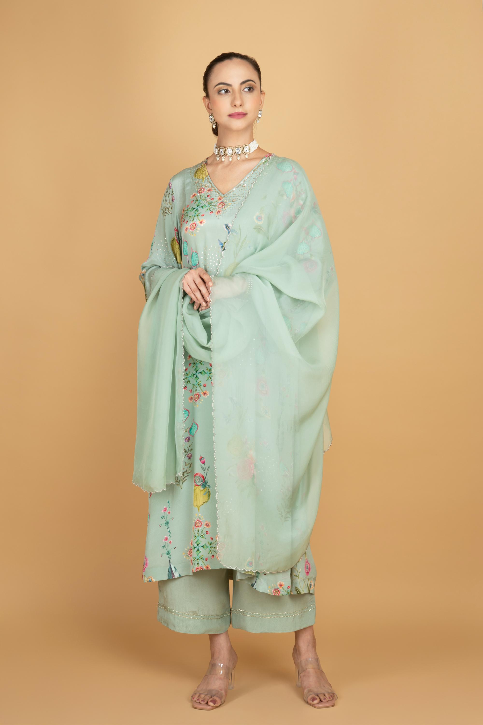 Green Floral Printed Sequin Embroidery Kurta with Pant & Dupatta Set