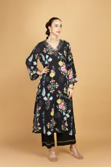 Black Floral Printed Sequin Embroidery Kurta with Pant & Dupatta Set
