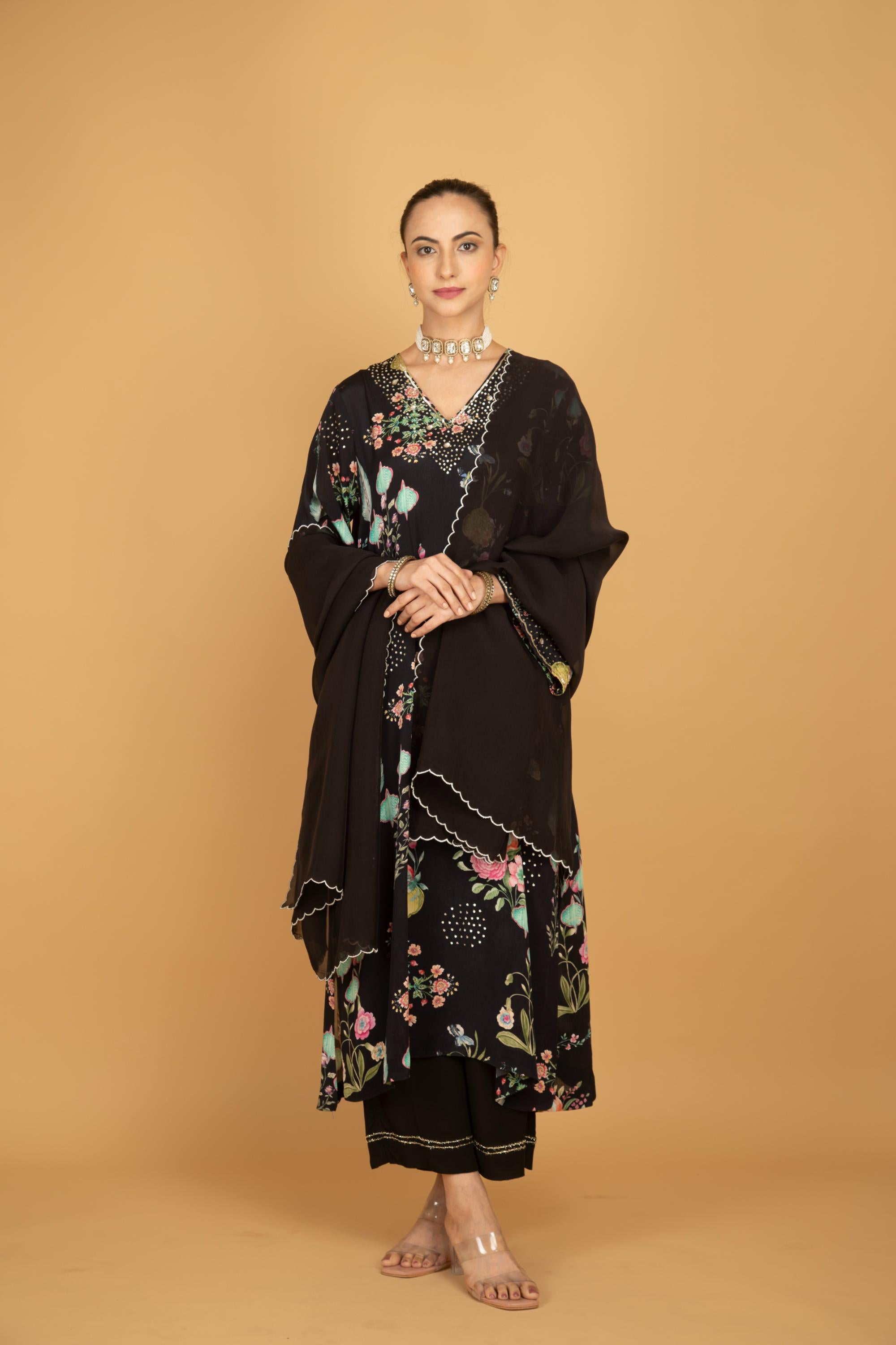 Black Floral Printed Sequin Embroidery Kurta with Pant & Dupatta Set