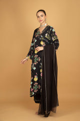 Black Floral Printed Sequin Embroidery Kurta with Pant & Dupatta Set