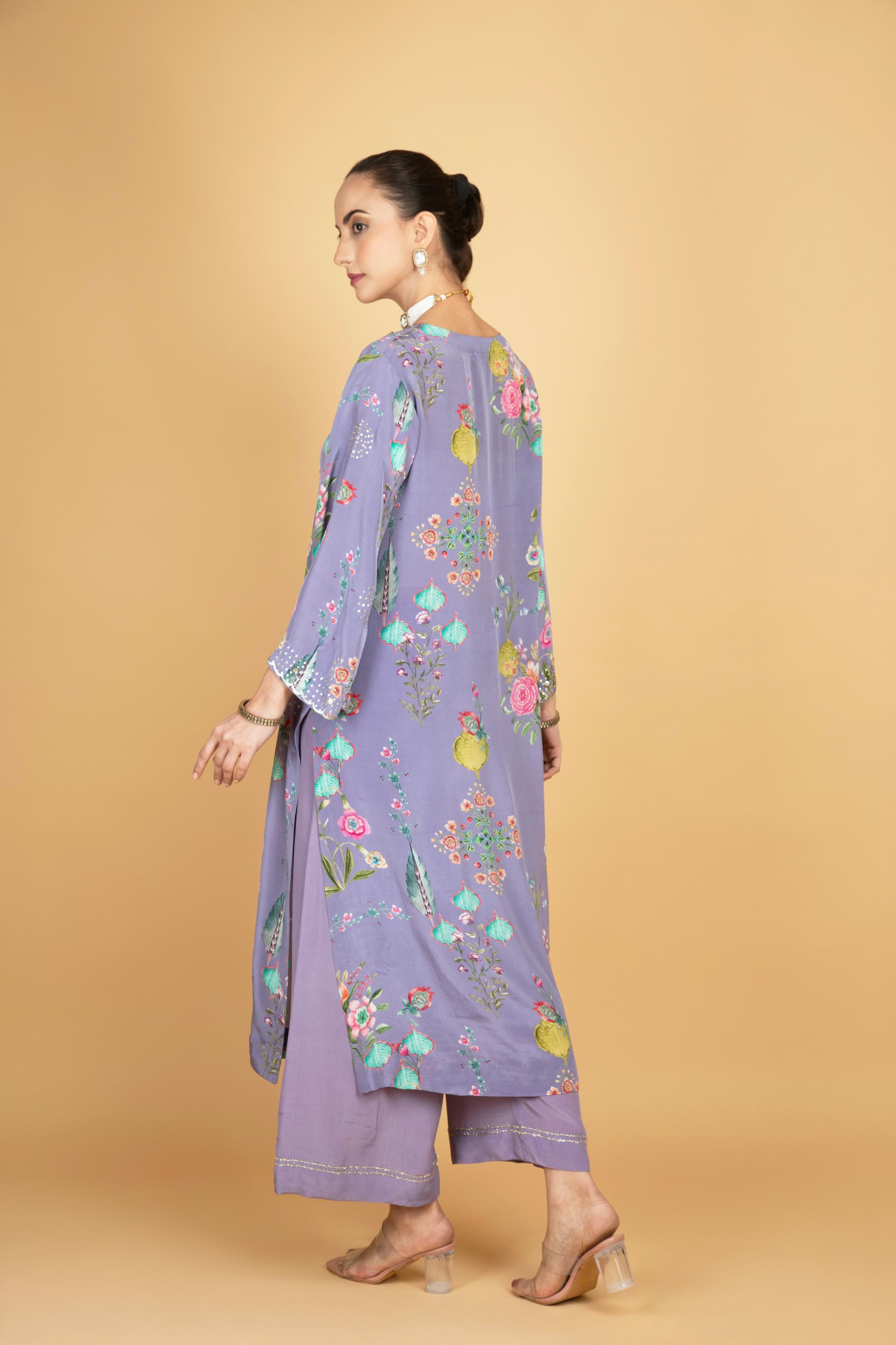 Purple Floral Printed Sequin Embroidery Kurta with Pant & Dupatta Set