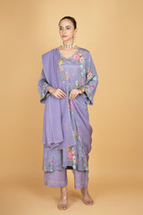 Purple Floral Printed Sequin Embroidery Kurta with Pant & Dupatta Set