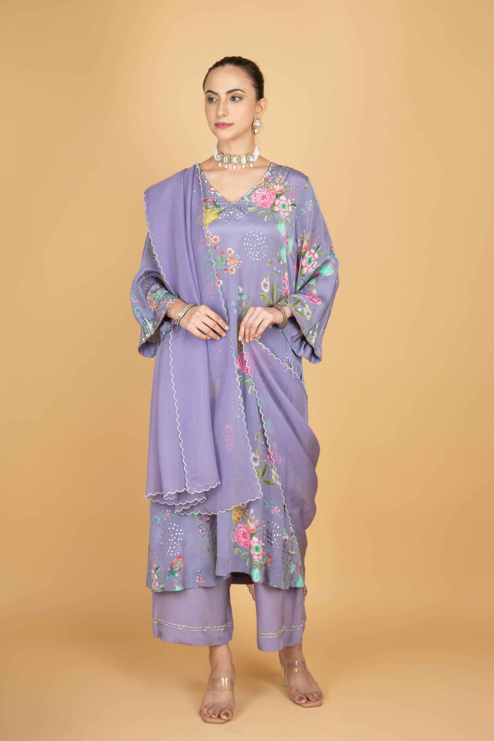 Purple Floral Printed Sequin Embroidery Kurta with Pant & Dupatta Set