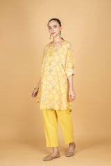 Lemon Yellow Embroidered Floral Print Short Kurta with Solid Pants