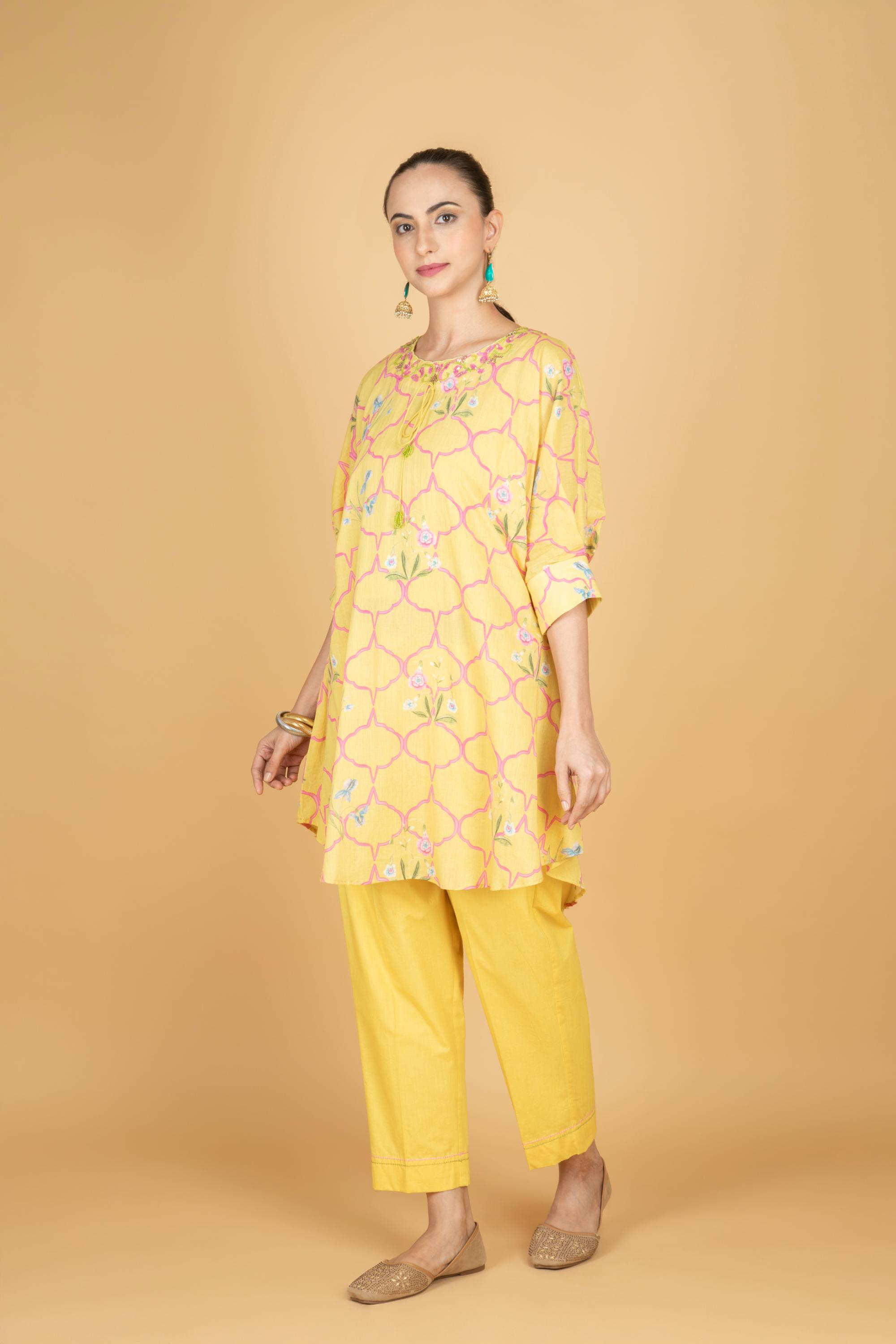 Lemon Yellow Embroidered Floral Print Short Kurta with Solid Pants