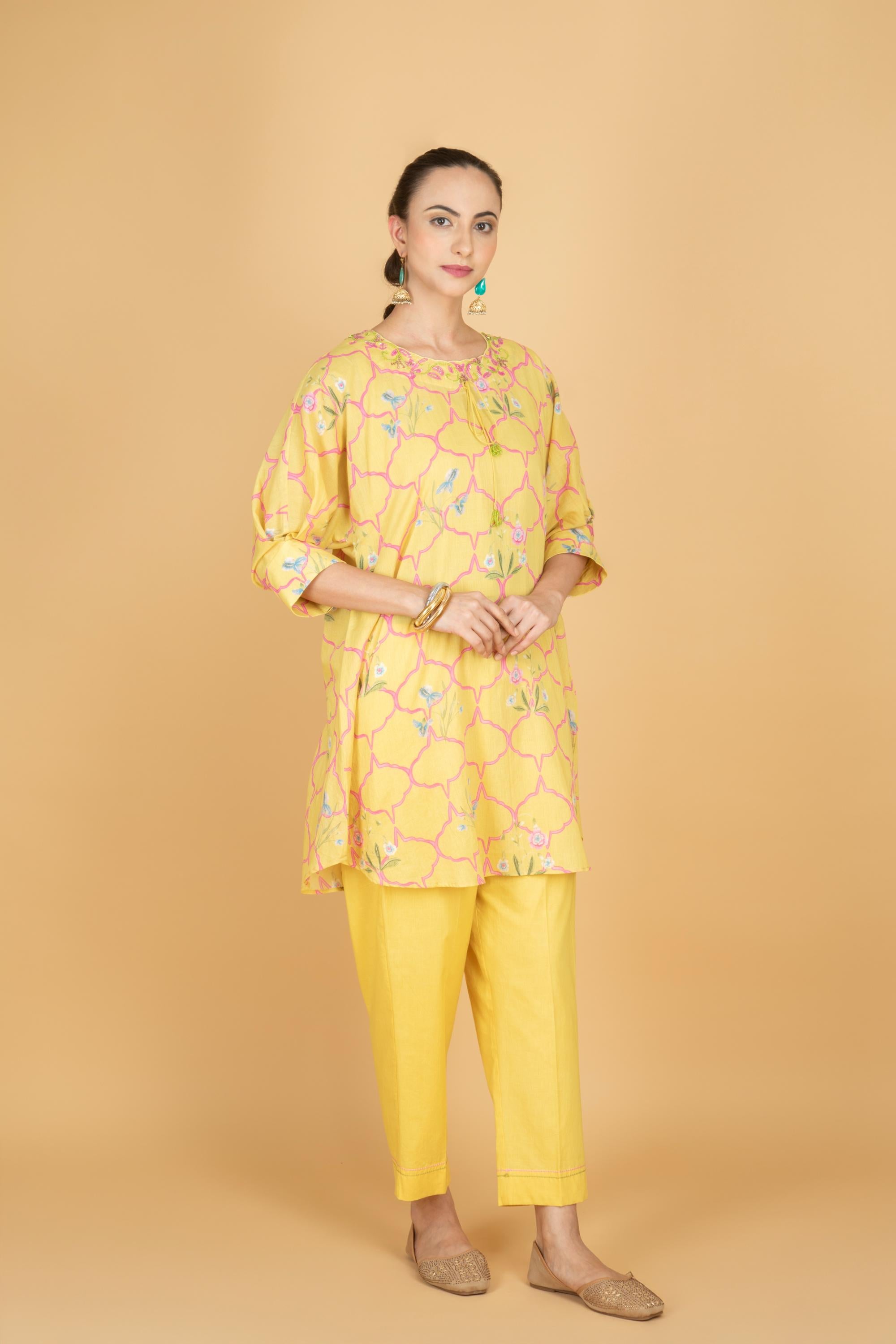 Lemon Yellow Embroidered Floral Print Short Kurta with Solid Pants