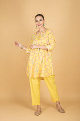 Lemon Yellow Embroidered Floral Print Short Kurta with Solid Pants